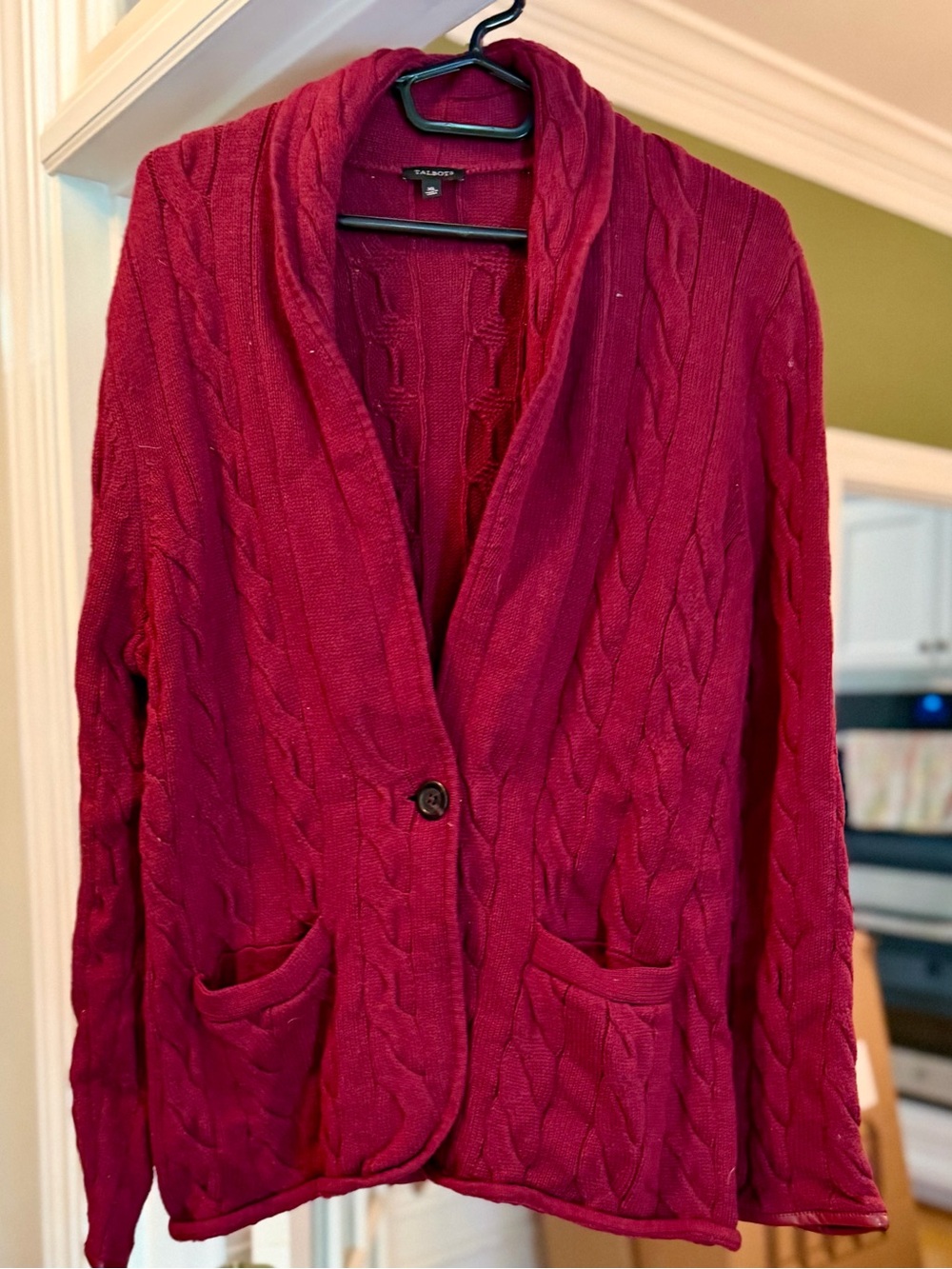 Talbots Deep Red Cable Knit Shawl-Collar Cardigan